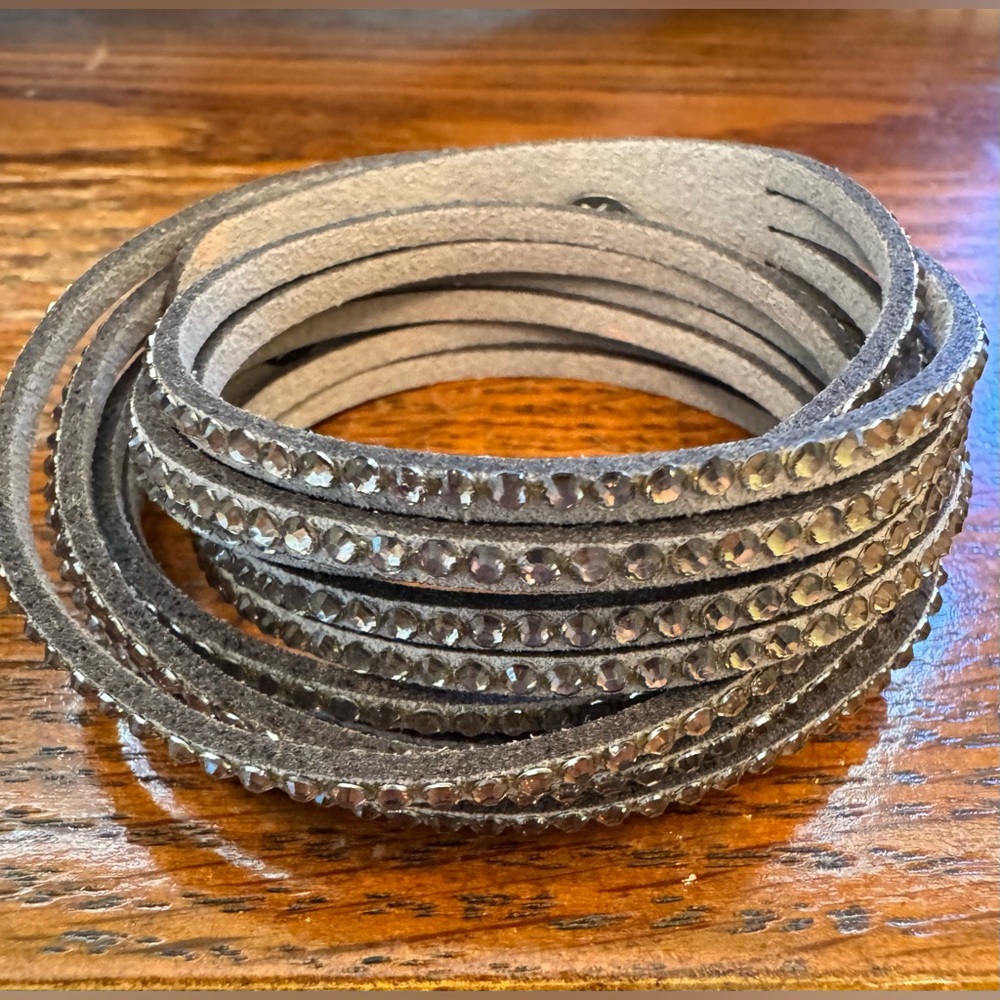 Faux Gray Leather & Rhinestones Wrap Fashion Bracelet